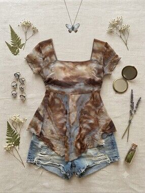 90s Y2K Cha Cha Vente Blue Brown Tie Dye Gradient Mesh Fairy Top